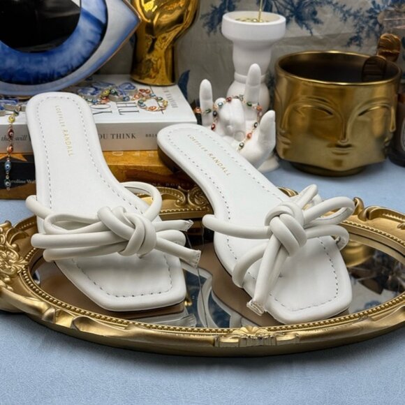 🆕 LOEFFLER RANDALL 🧿 NWOB Hadley Leather Bow Flat Sandals, White - Sz 7 B - Picture 3 of 12